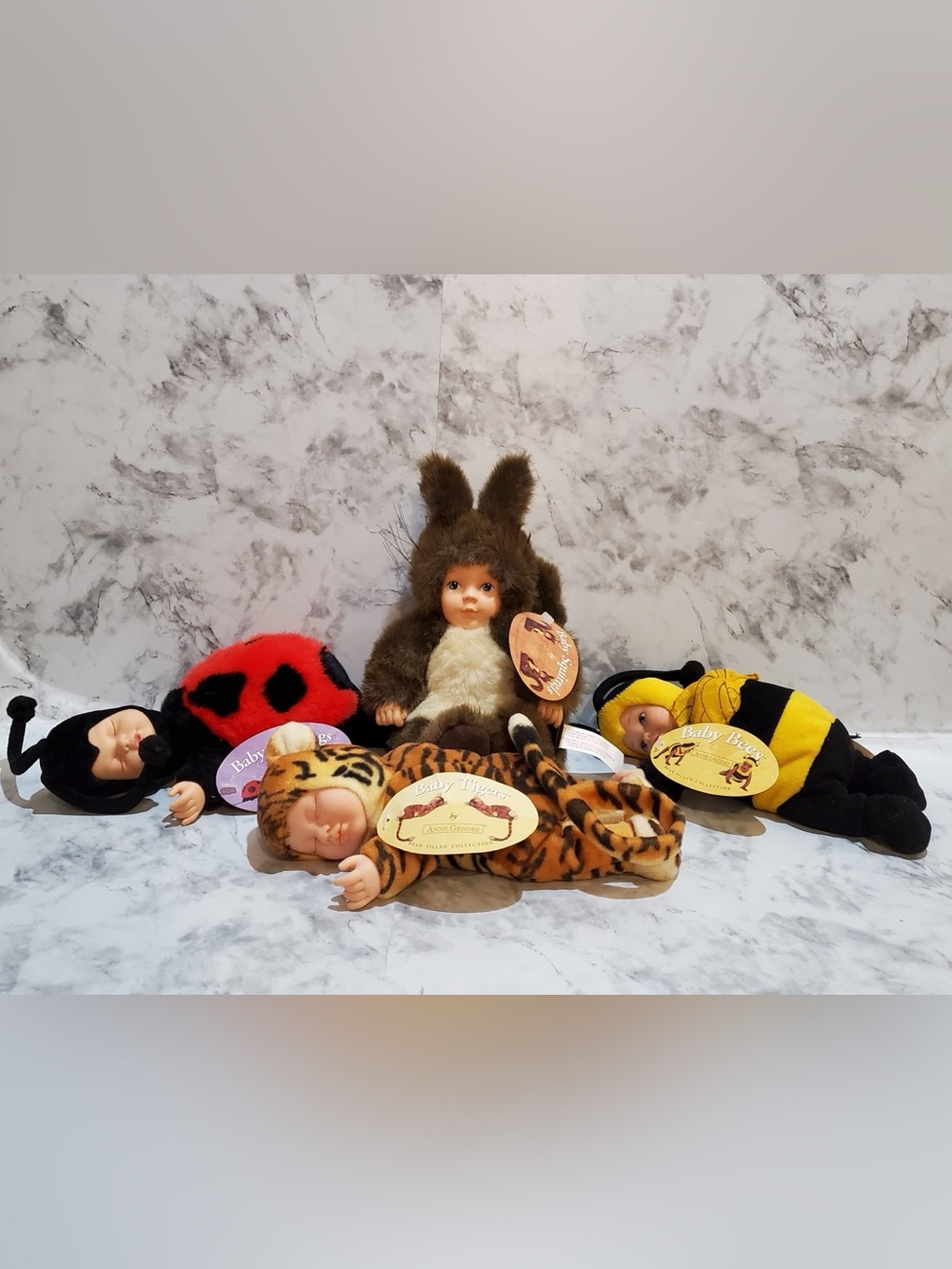 Anne Geddes Vintage Baby Bean Plush Lot Of 4 Squirrel, Ladybug, Tiger & Bee